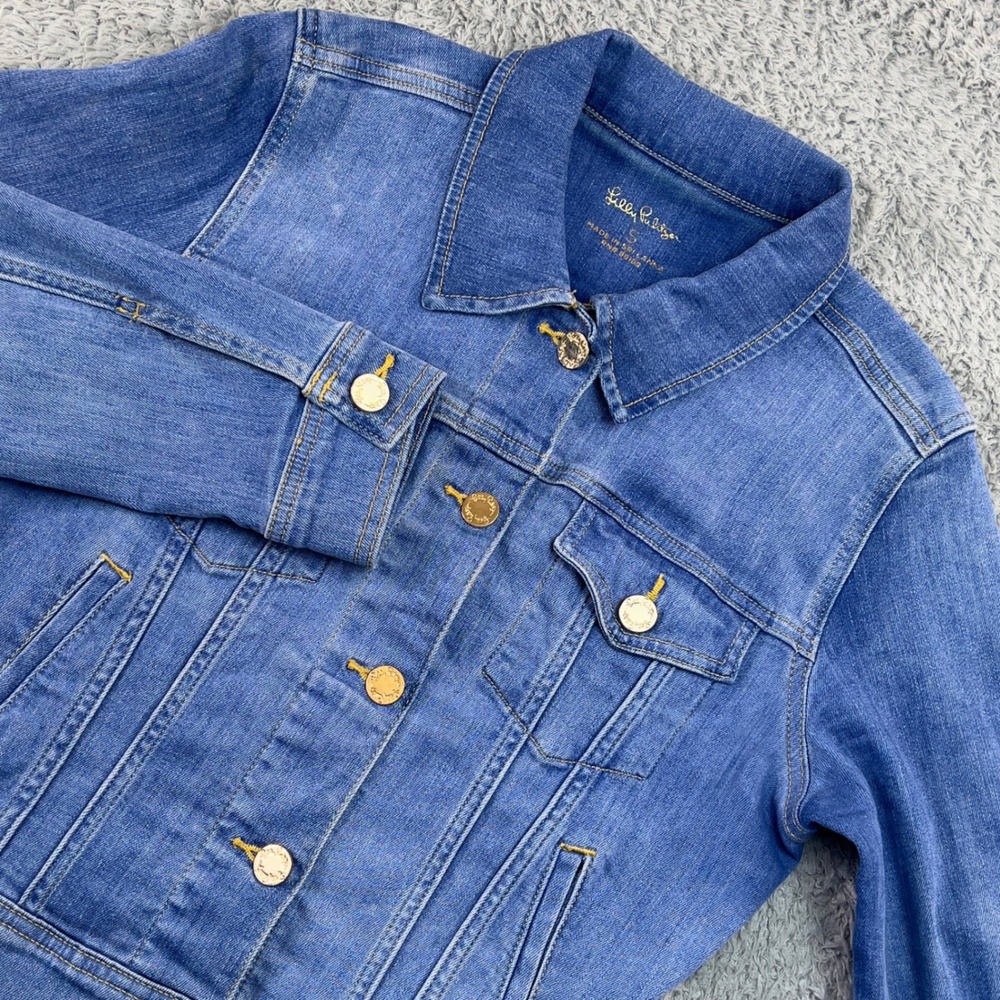 Lilly Pulitzer Denim Jacket Womens M Blue Seaspray Gold Button Stretch  006327 S